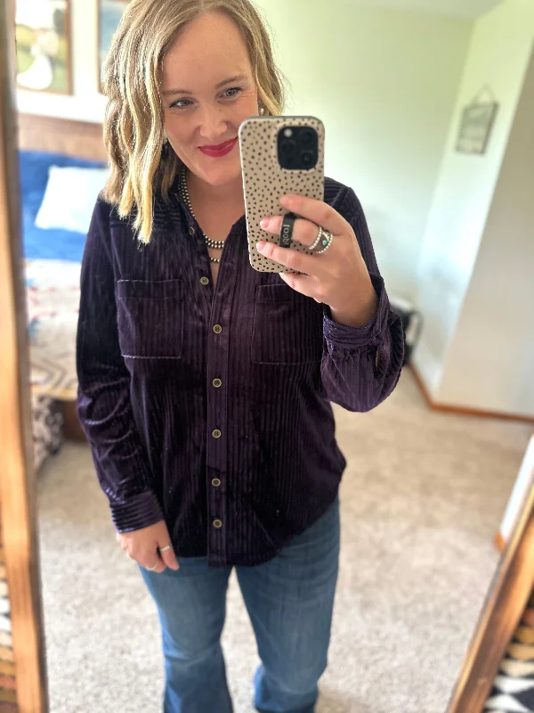 Velvet Button Down Top - Purple