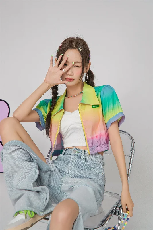 Elegant Wear Rainbow Cropped Zip-Up Jacket