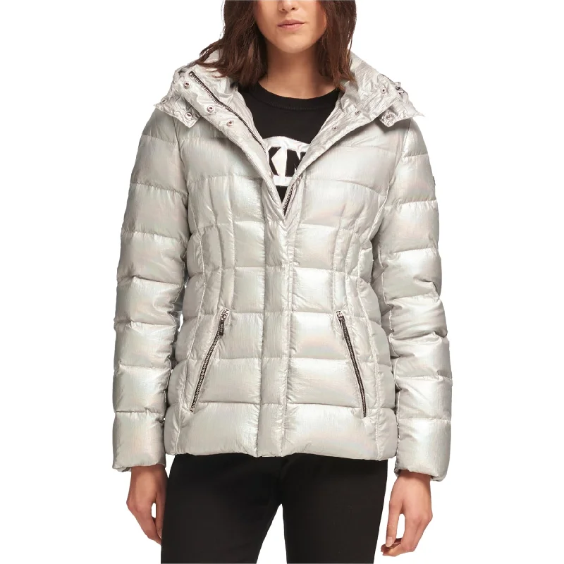 DKNY Womens Metallic Puffer Jacket, Metallic, Small