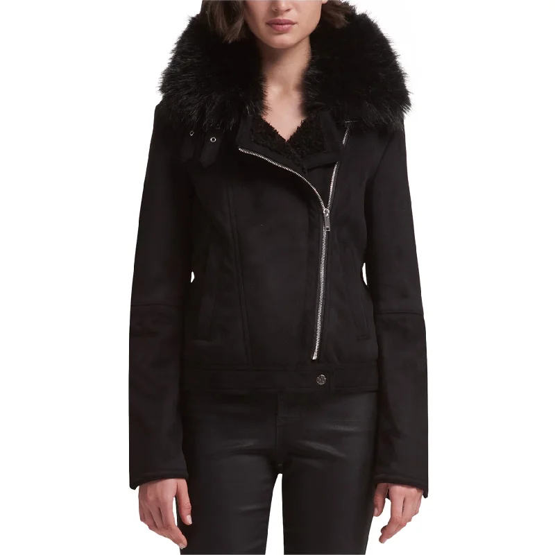 DKNY Womens Faux Suede Motorcycle Jacket, Black, X-Large