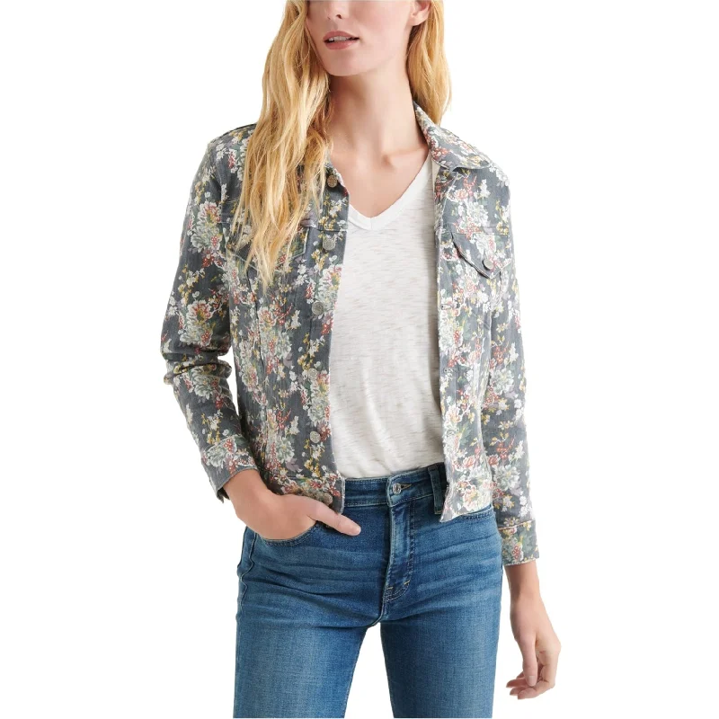 Lucky Brand Womens Floral Trucker Jean Jacket, Grey, Large