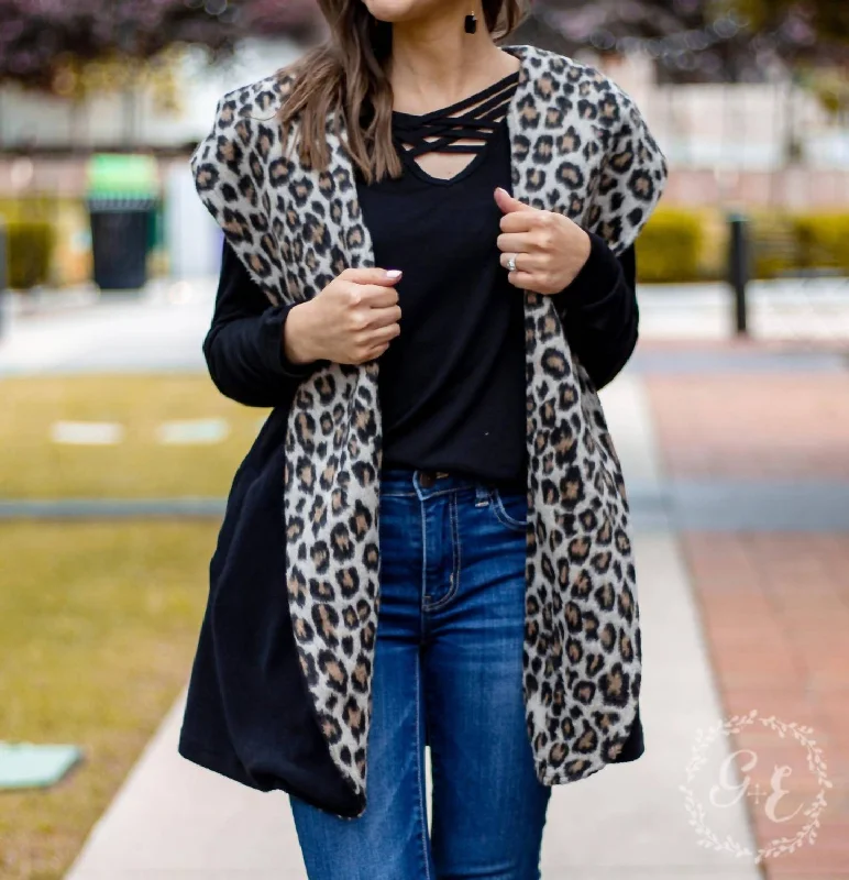 Warm And Together With Leopard Vest Cardigan In Black