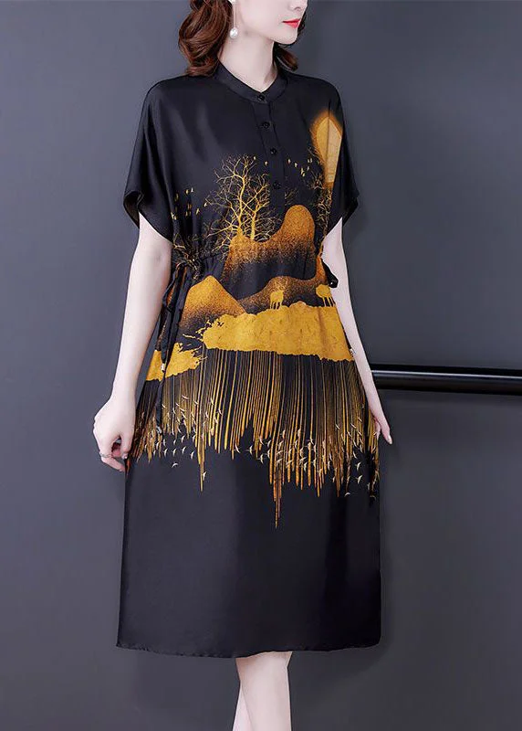 DIY Black Stand Collar Drawstring Print Silk Dresses Summer