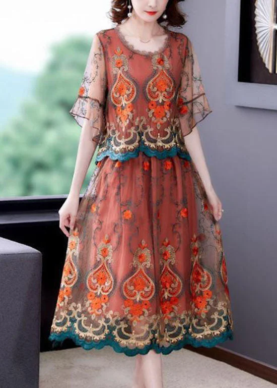 Modern Orange Embroidered Patchwork Tulle Dresses Summer