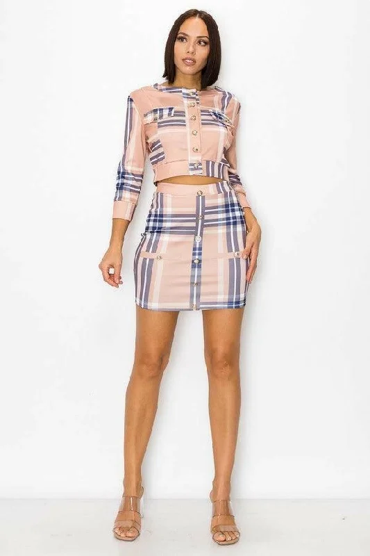 Sophia Front Button long sleeves top and Mini skirt set