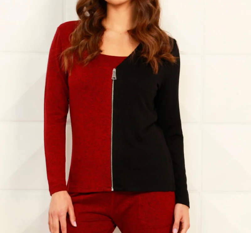 Color Block V-Neck Zip Cardigan In Black/wine