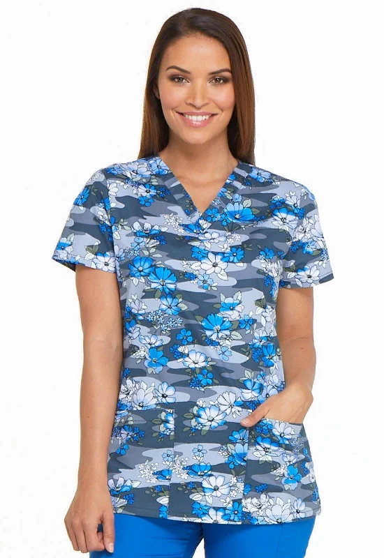 Dickies EDS Women Scrubs Top V-Neck DK704, S, Floral Fleet