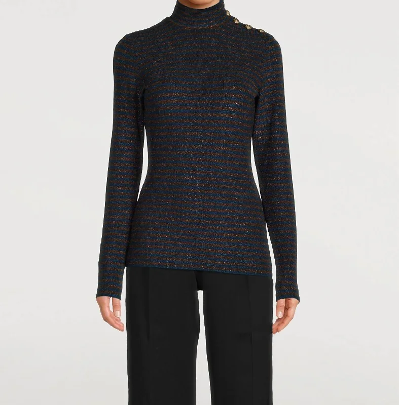 Buttoned Turtleneck Sweater In Blue/bronze Metallic Stripe