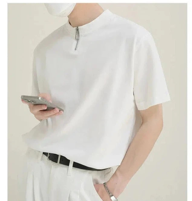 Zip Round Neck Short Sleeve T-shirt