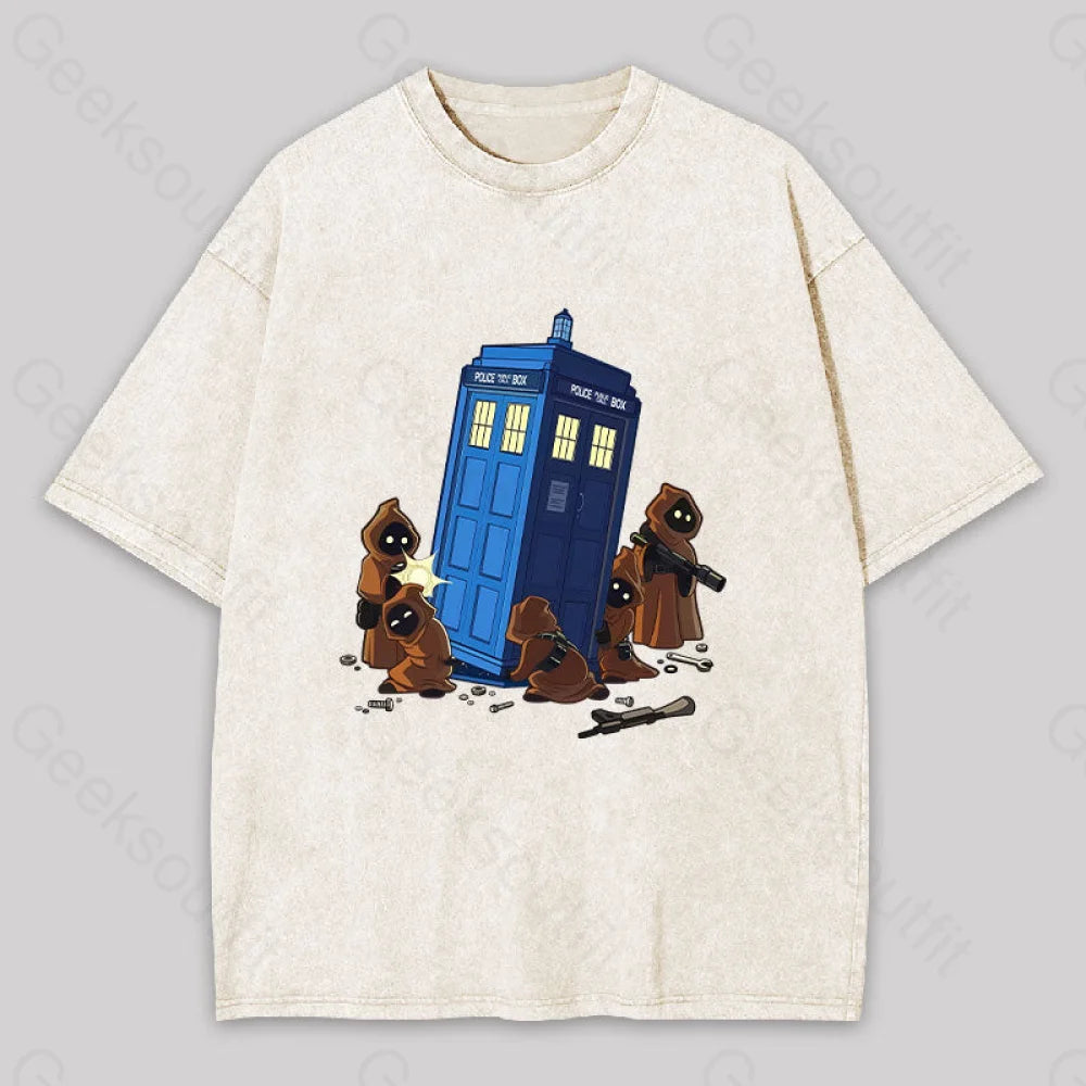 The TARDIS in Humorous Fan Art Washed T-shirt