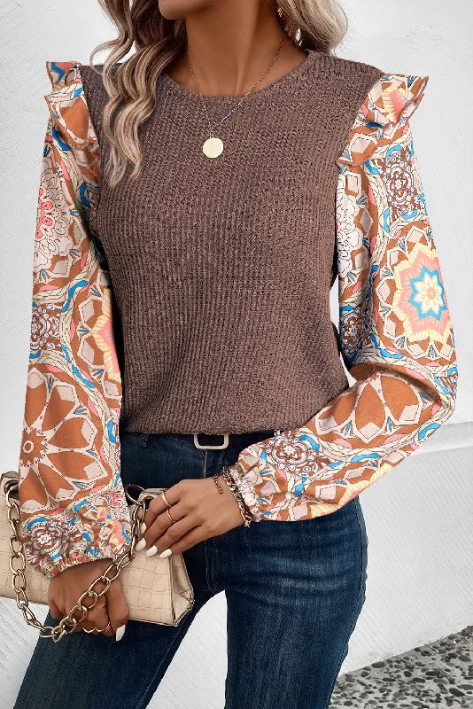 Breathable Style Ruffled Floral Sleeve Patchwork Waffle Knit Blouse