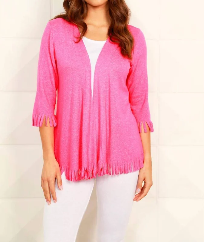 Soft Stretch 3/4 Sleeve Fringe Cardigan In Candy