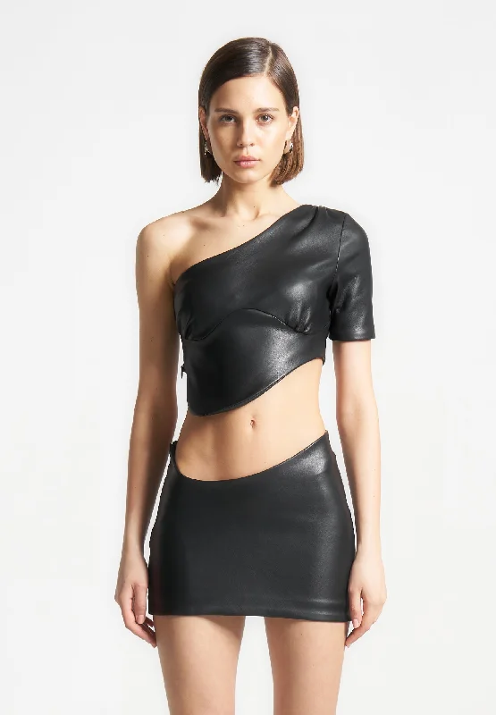 Curved Hem Leather Crop Top - Black