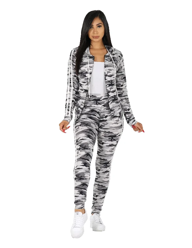 Zip It Up Camo Print Tracksuit  Hoodie and Leggings Set