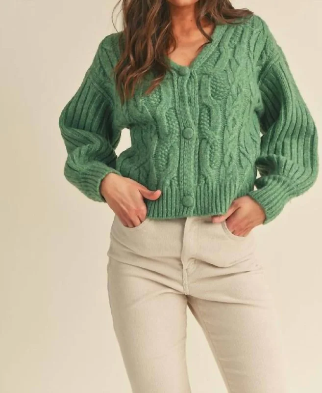 Cable Knit Puff Sleeve Sweater Cardigan In Rosemary Green