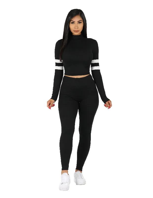 Active So Soft Mock Turtle Neck with Sleeve Stripes and Legging Set