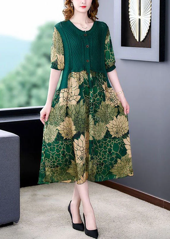 Vintage O-Neck Green Knit Patchwork Print Silk Dresses Summer