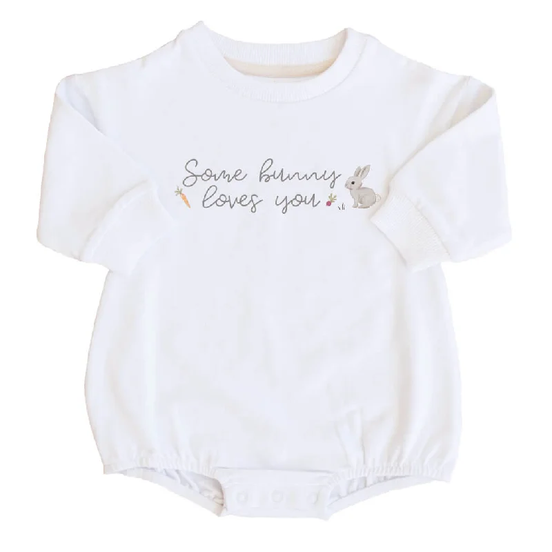 Some Bunny Loves You Sweatshirt Bubble Romper | White