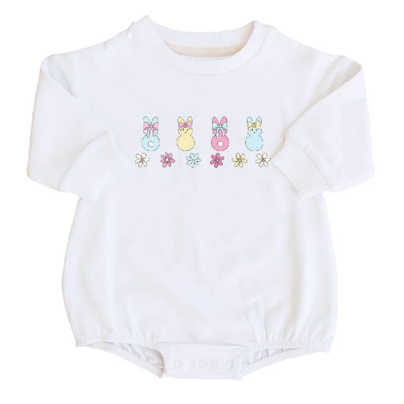 Bunnies & Flowers Sweatshirt Bubble Romper | White