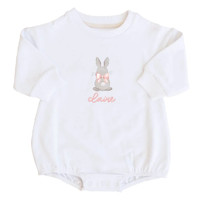 Personalized Hop Little Bunny Graphic Sweatshirt Bubble Romper | White