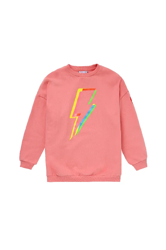 Kids Coral with Rainbow Lightning Bolt Oversized Sweatshirt